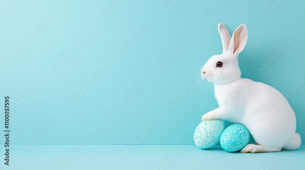 Fototapeta premium White bunny rabbit with easter eggs on light blue background with copy space