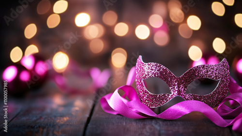 Wallpaper Mural Pink sequin carnival mask on rustic wooden table with bokeh lights background Torontodigital.ca