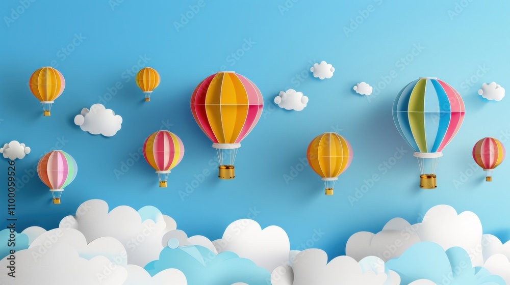Fototapeta premium photograph of Paper art style of colorful hot air balloons and cloud on blue sky. Vector illustration wide angle lens