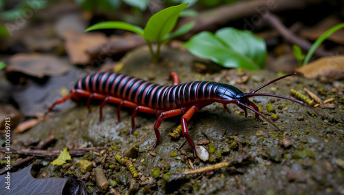 A large scolopendra in a wet mountain rainforest. Probably an amphibious centipede Scolopendra cataracta. In winter (dry season). Tenasserim. Thailand photo