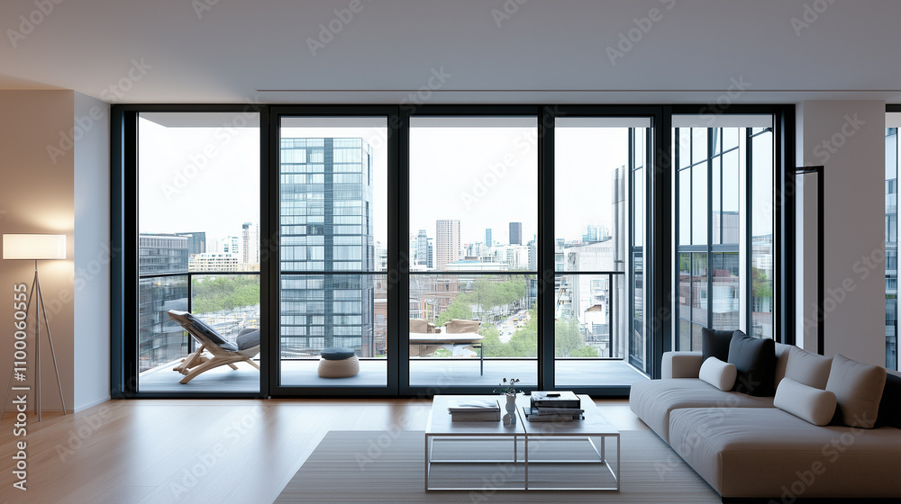 Fototapeta premium Contemporary Condominium Interior with Balcony and City View