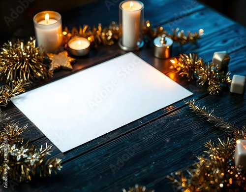 A blank white card on table, surrounded by Christmas decorations including pine branches, candle, pine cones, a lit candle, and colorful lights against a dark background photo