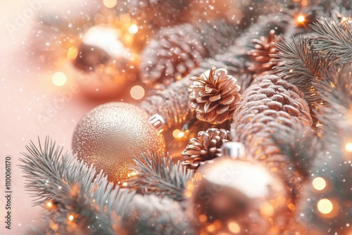 New Year card with christmas balls and Christmas ornaments for celebration season. Generative AI.