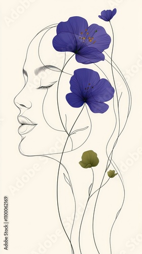 Elegant line art of a woman’s face with floral elements 8M, AI generated.
