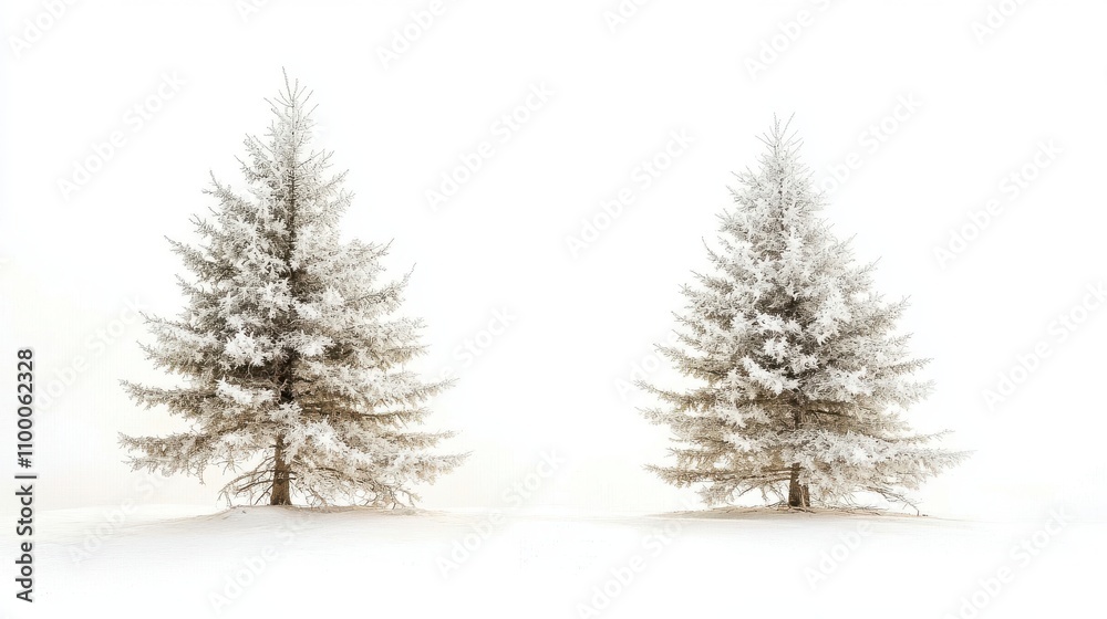 Obraz premium Two snow-covered pine trees on a white isolated background.