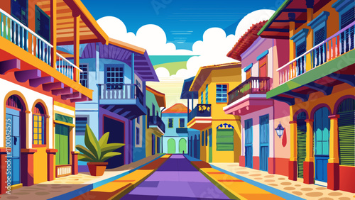 A colorful street scene with a green plant in a pot