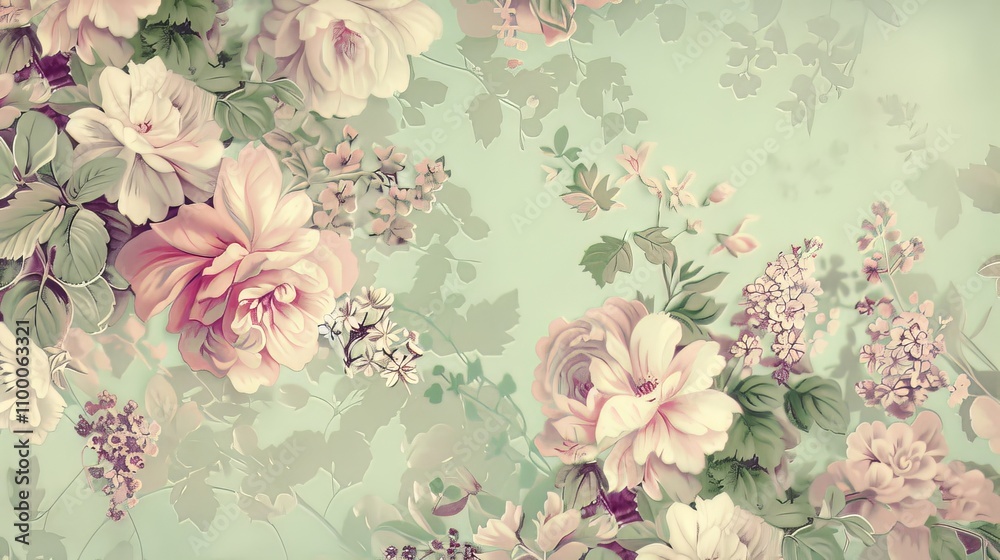 Fototapeta Vintage pink roses with purple blooms on sage mint wallpaper background