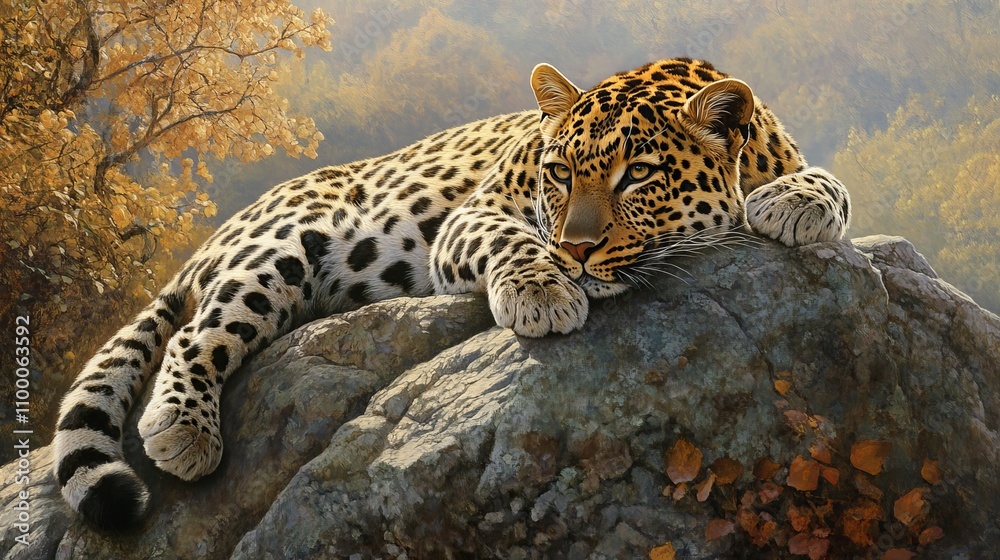 Fototapeta premium Amur Leopard (Panthera Pardus Lying on a Rock