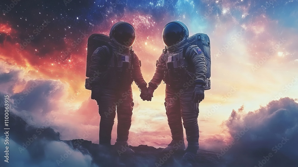 Fototapeta premium Astronaut on foreign planet in front of spacetime portal light