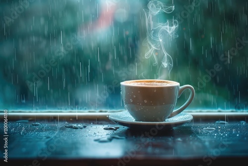 A steaming cup of coffee sits on a rainstreaked windowsill, a cozy rainy day scene. photo