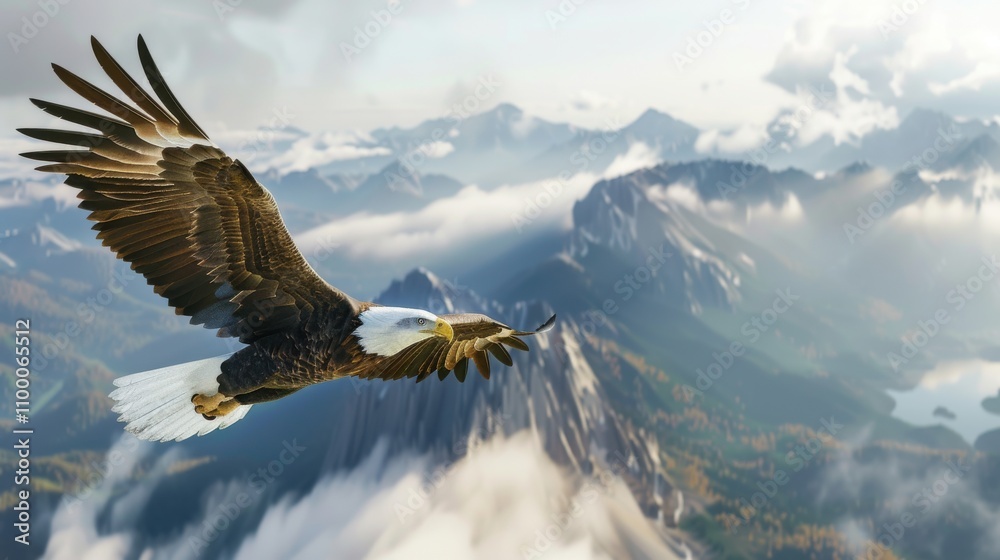Fototapeta premium Eagle soaring above majestic mountains nature landscape aerial view freedom concept