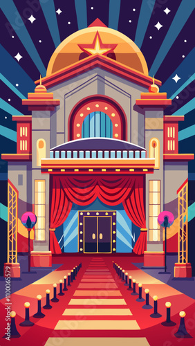 A colorful building with a red curtain and a star on top