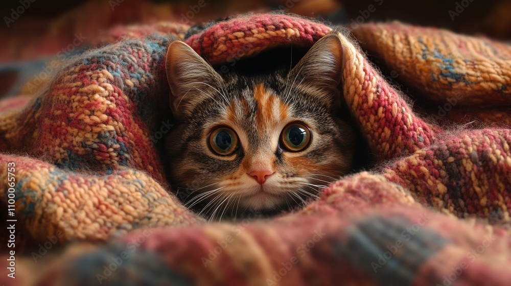 Fototapeta premium A Curious Cat Peeking From A Warm Knit Blanket