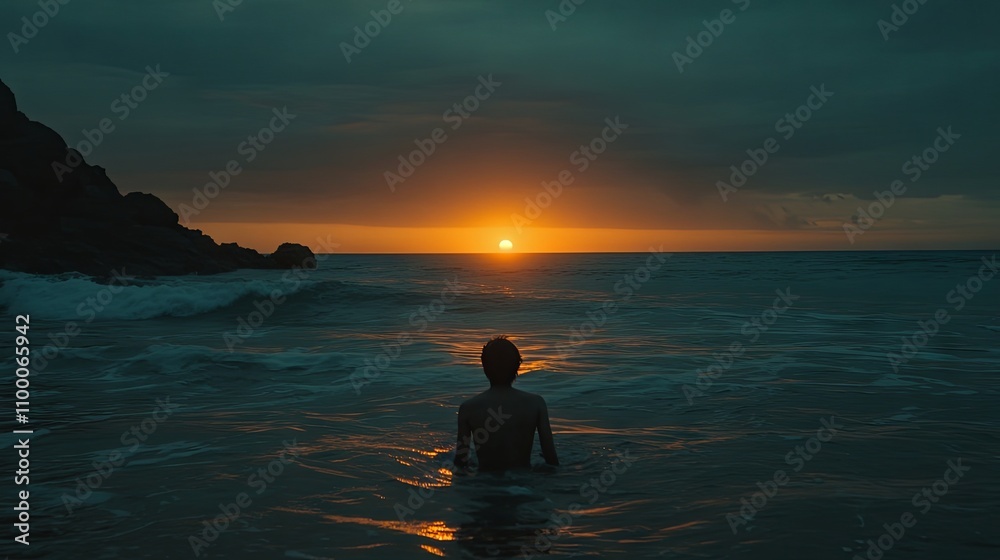 Fototapeta premium Sunset Serenity: A Solitary Figure on the Beach