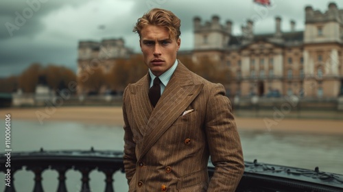 A  blonde ginger gentleman in a light brown pinstripe austere suit stands in front of a palace backdrop