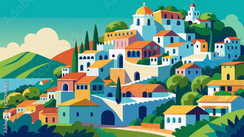 Wallpaper Mural A colorful village with houses and a church Torontodigital.ca