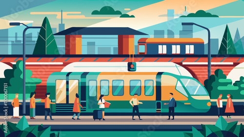 A train station with people waiting to board a train