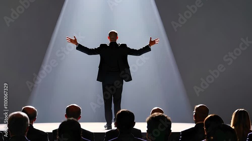 Confident speaker on stage addressing audience under dramatic spotlight

 photo