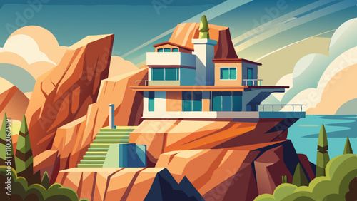 A house is built on a rocky hillside overlooking a body of water