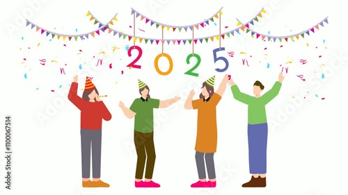 Happy Girls and Guys in Casual Clothes Jumping in Air And Laughing together animation,  December Celebration video 2025 welcome Clip,festive holiday season footage,new year party people motion graphic