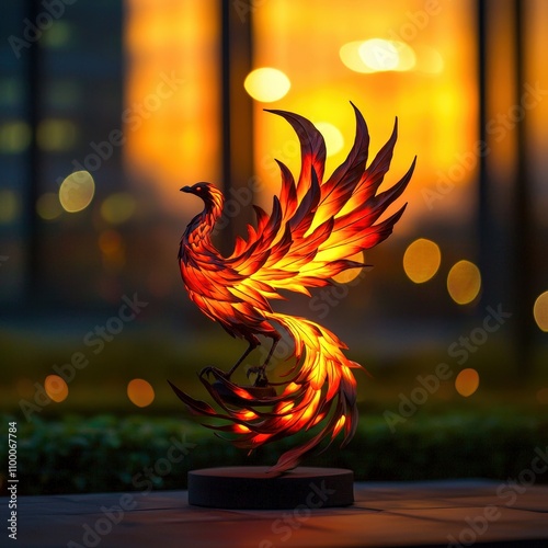 A vibrant, illuminated phoenix sculpture glowing in the twilight, symbolizing rebirth and renewal in art. photo