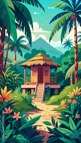 A tropical scene with a hut and palm trees