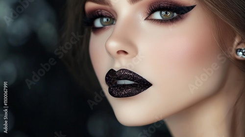 Dramatic gothic-inspired makeup look featuring intense black lipstick, sharp winged eyeliner, and shimmering eyeshadow on a pale complexion, exuding mystery and allure. photo