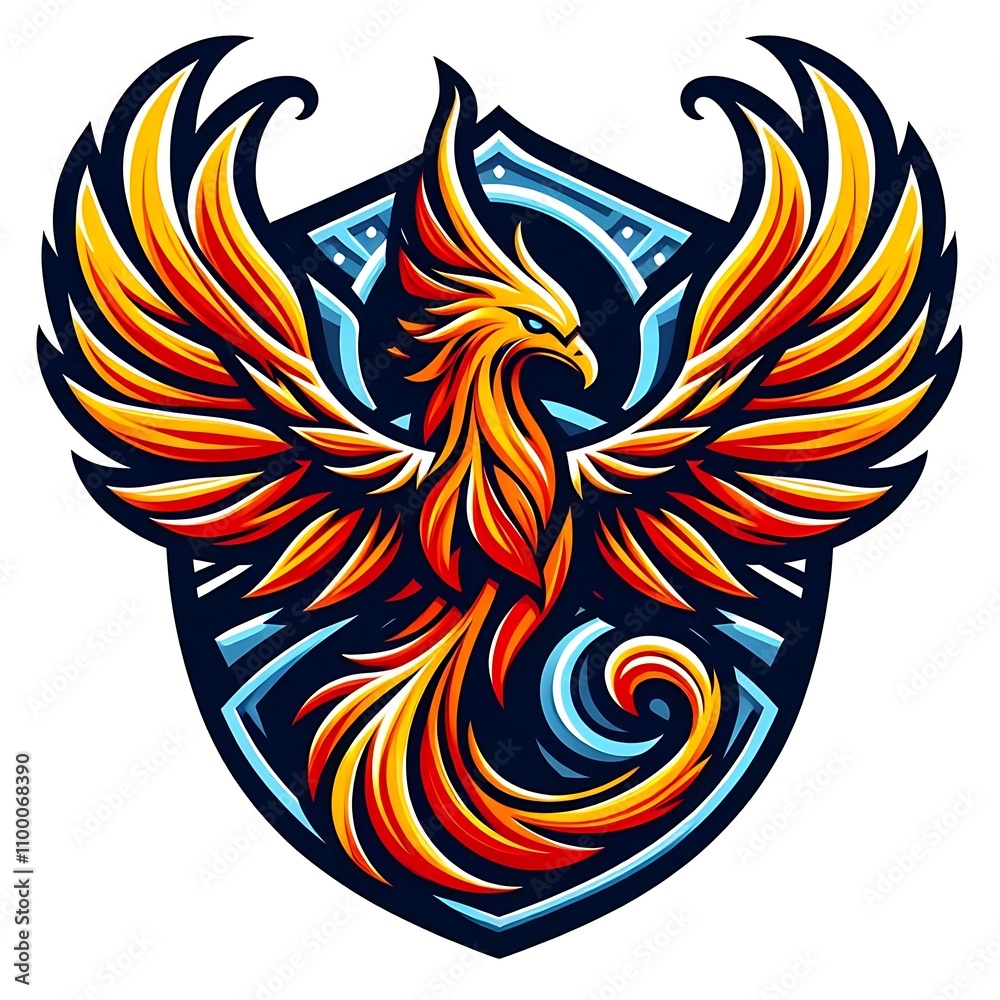 Obraz premium Fiery phoenix soaring on a shield.