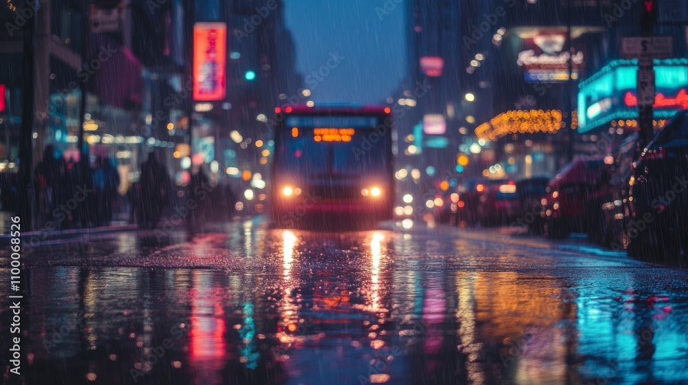 Obraz premium City Bus In Rain At Night Colorful Lights