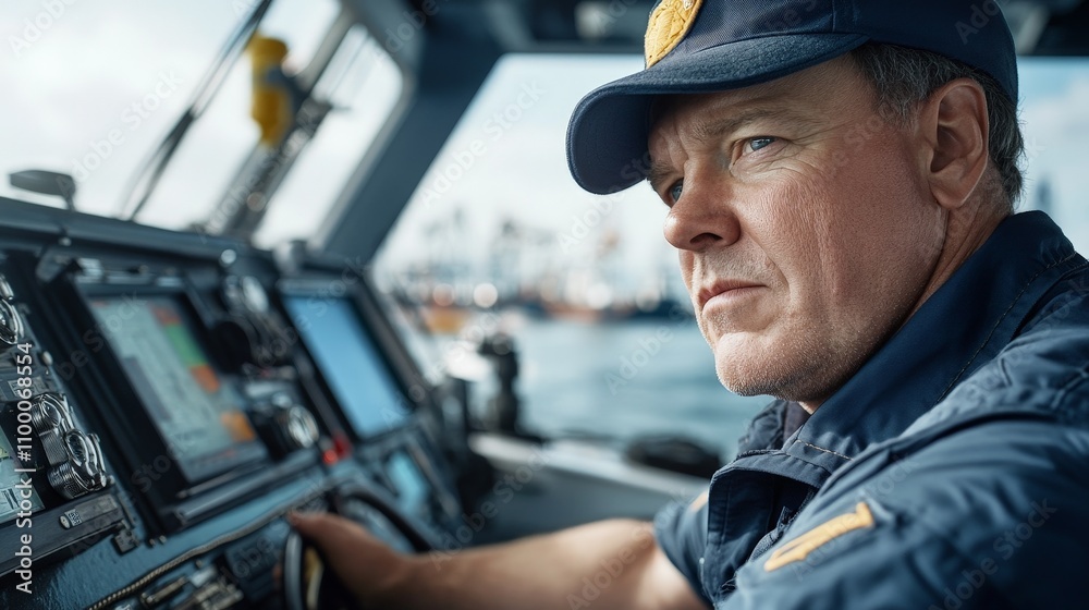 Focused Maritime Officer Navigates Vessel in Busy Port Environment Focused Maritime Officer Navigates Vessel in Busy Port Environment