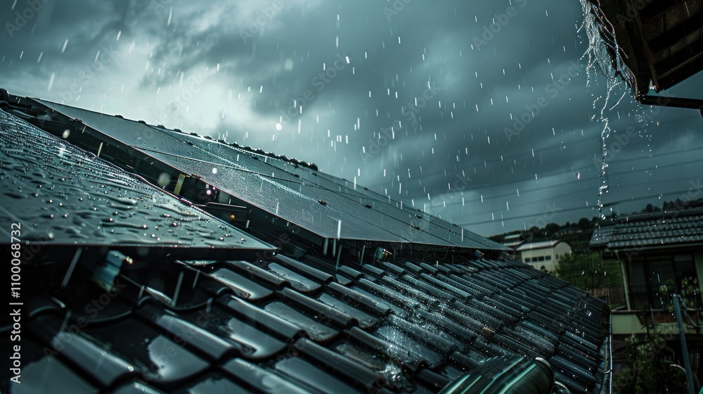Fototapeta premium photograph of rain coming down on solar panels on the roof of a house wide angle lens