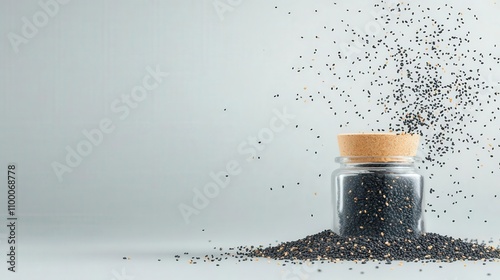 A jar spilling black sesame seeds on a light background, symbolizing freshness and natural ingredients, perfect for health-conscious cooking and recipes. photo