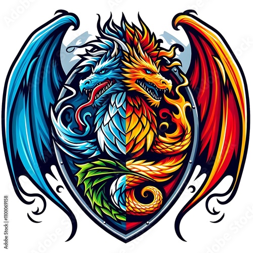 Wallpaper Mural Two majestic dragons, one ice, one fire, intertwined on a shield, with vibrant wings. Torontodigital.ca