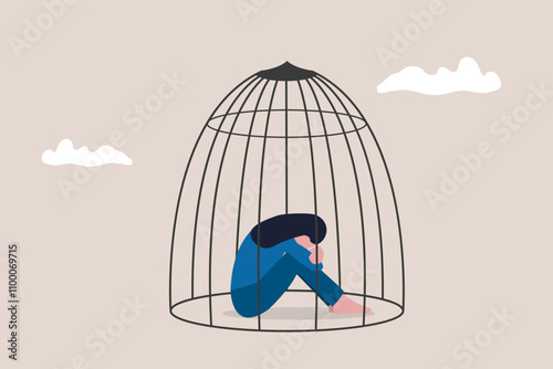 Bilde på lerret Business woman with depression and despair sitting in bird cage
