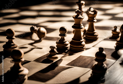 focused view of a chess match in progress on a wooden board photo