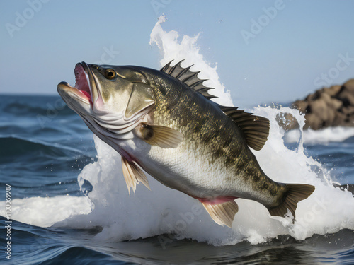 A black bass makes a dynamic jump out of the water.