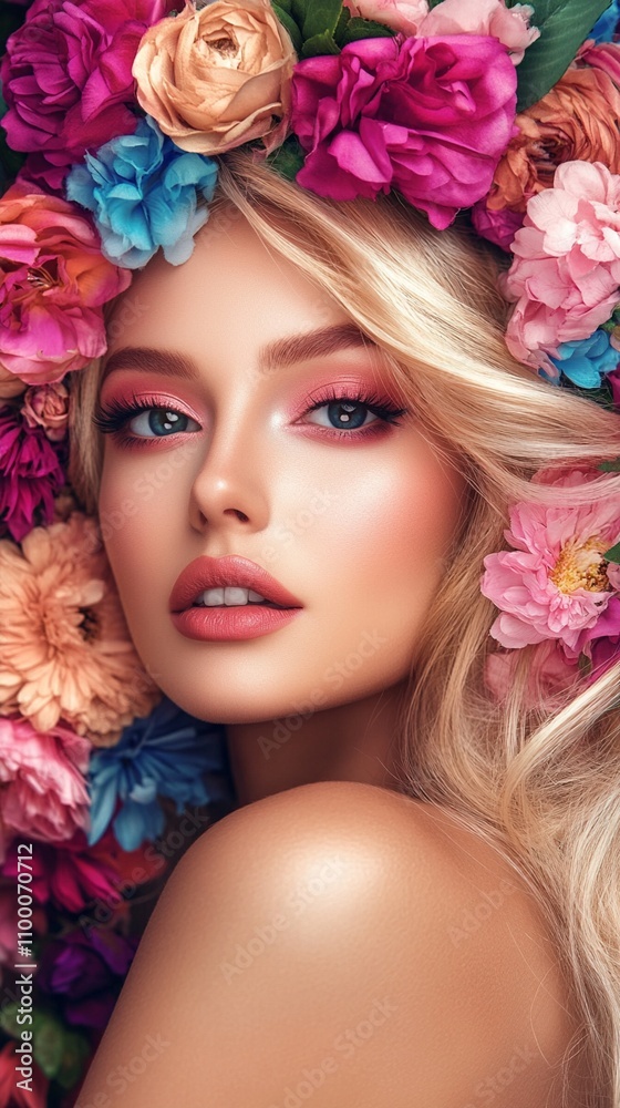 Naklejka premium Vibrant floral crown adorns a radiant beauty, her luminous skin and rosy makeup harmonizing with the lush, colorful blooms framing her face.