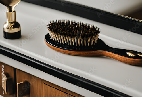 wooden grooming brush placed neatly on a bathroom sink photo