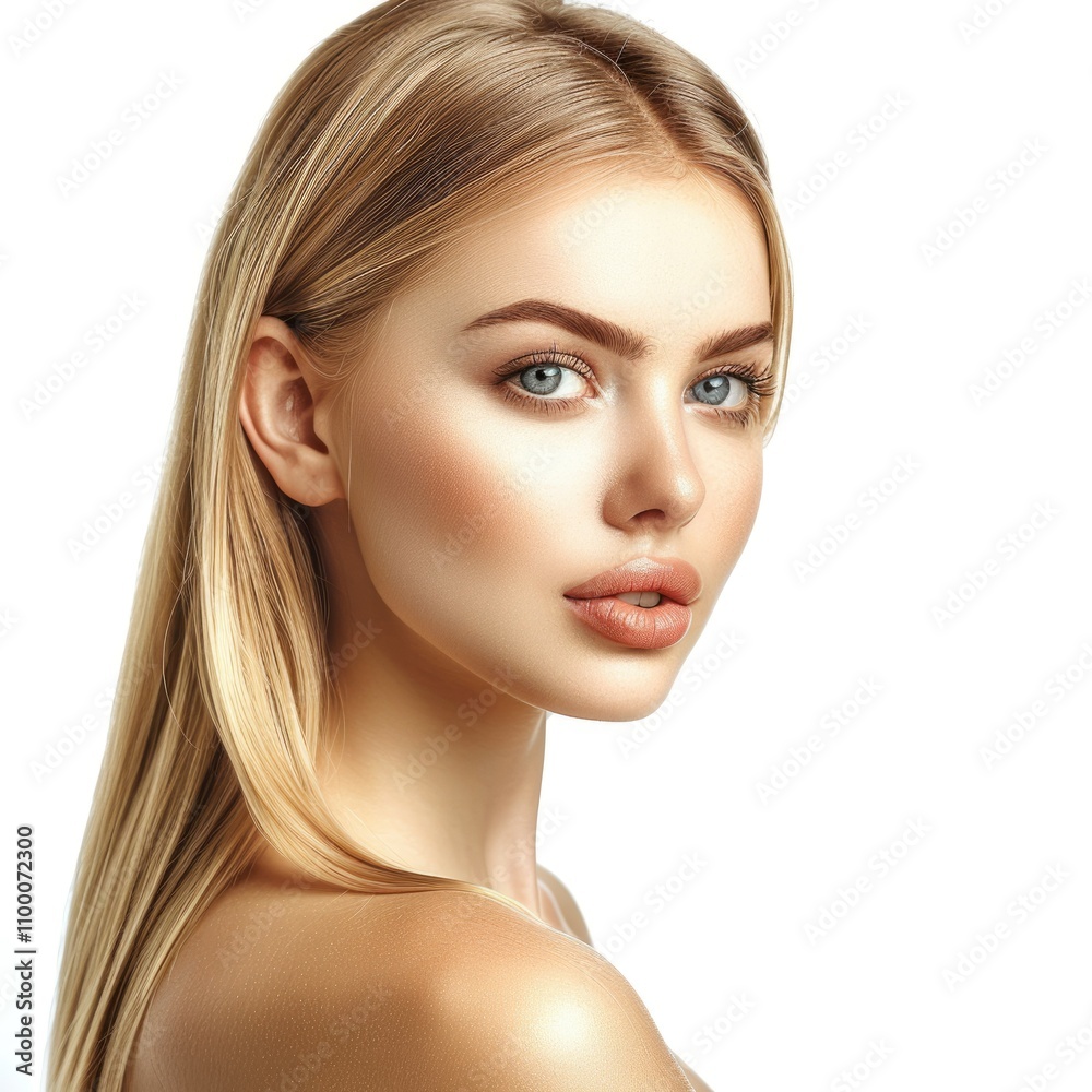 Fototapeta premium Portrait of young woman with smooth blonde hair skincare concept.