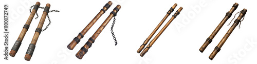 Nunchaku – Two Sticks Connected by a Chain or Rope, Used as a Martial Arts Weapon Isolated on Clear White Background Highly Detailed 