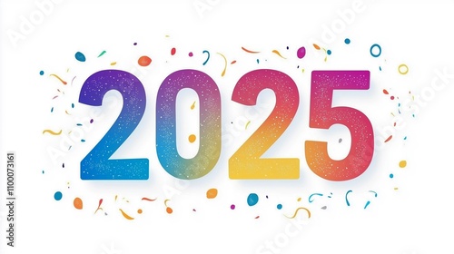 colorful text "2025" on white background,confetti and glitter,decoration,New Year concept.
