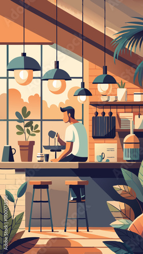 A man is sitting at a bar with a potted plant in front of him
