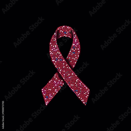 Pink ribbon against breast cancer made of colorful dots on a black background