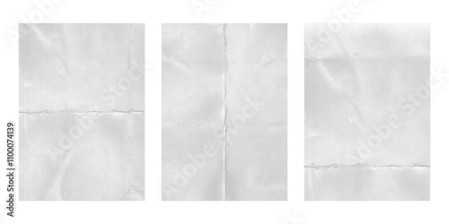 Gray white folded crumpled paper sheets set. Trendy background creased grey paper texture