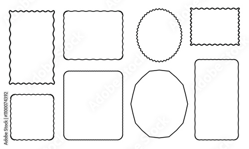 Doodle wave curve edge frame. Hand drawn wavy rectangle borders. Doodle brush drawn square and circle picture frame. Vector illustration isolated on white background. 