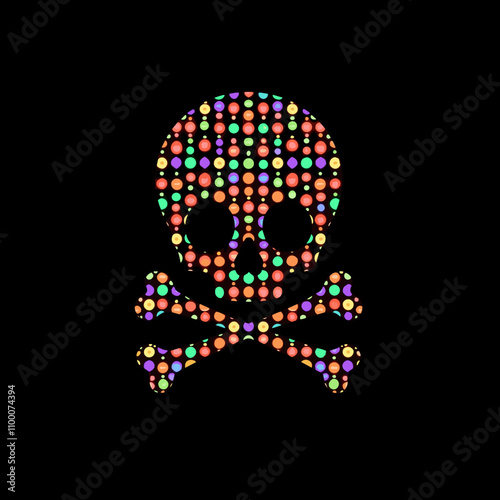 Colorful skull and crossbones symbol made of vibrant dots on a black background