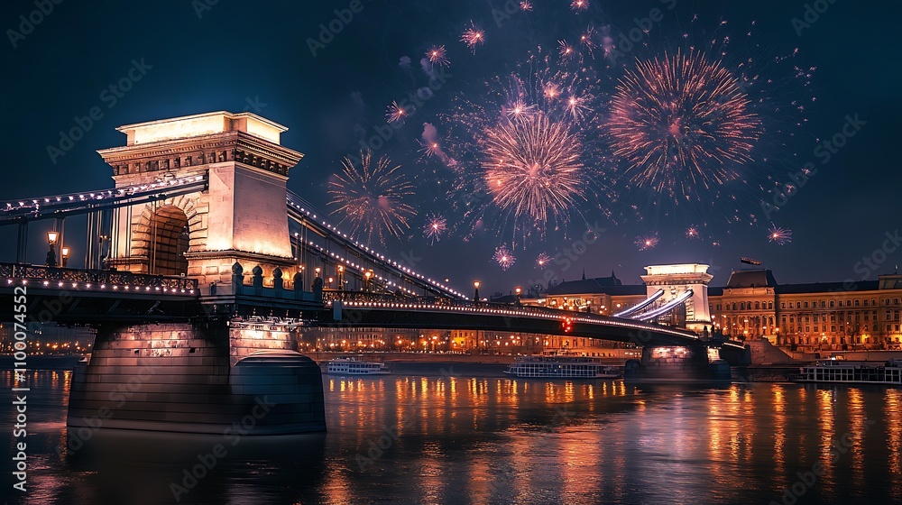 Obraz premium Sparkling fireworks show over a historic bridge at night