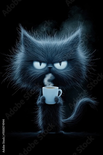 Fluffy Dark Gray Cat with Expressive Eyes and Coffee