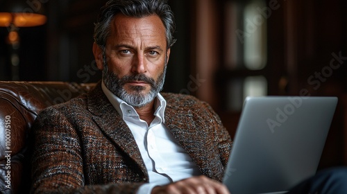 Stylish Man Working Indoors with Laptop