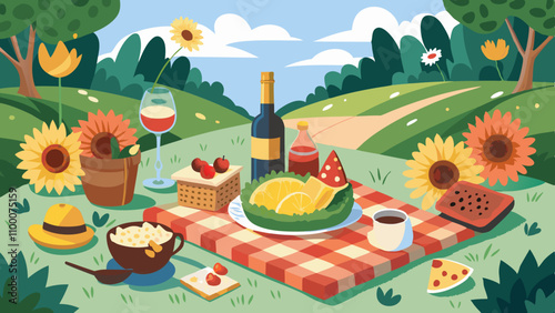 A cartoon drawing of a picnic with a bottle of wine, a bottle of soda